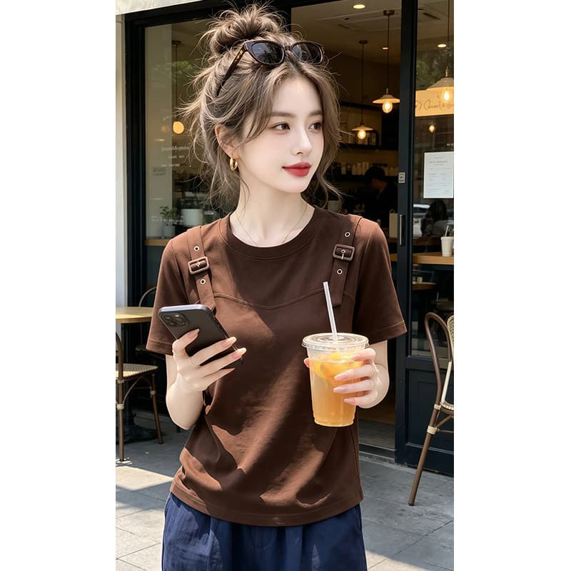 라이 우아한 1x1 와 사고 방식 210g 빅 사이즈 작은 대중 반팔 티셔츠 여성 여름 새로운 어깨끈 캐주얼 패션 맨위 상세 이미지 5