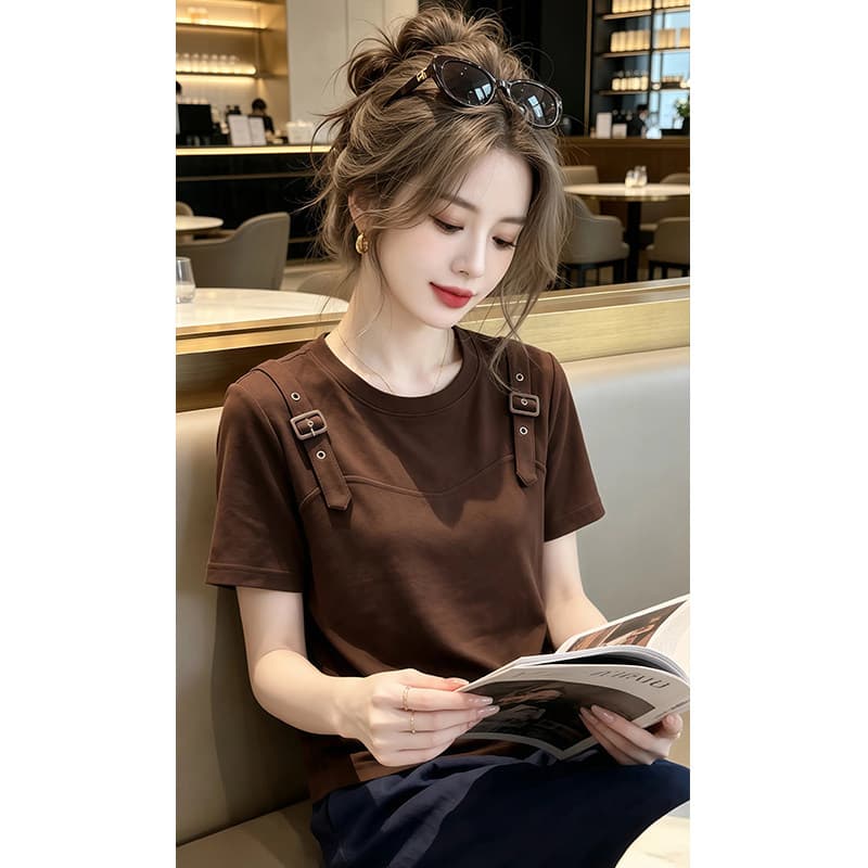라이 우아한 1x1 와 사고 방식 210g 빅 사이즈 작은 대중 반팔 티셔츠 여성 여름 새로운 어깨끈 캐주얼 패션 맨위 상세 이미지 6