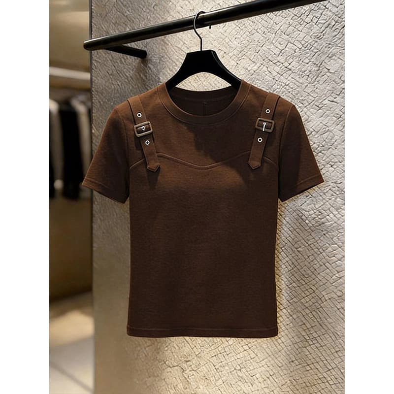 라이 우아한 1x1 와 사고 방식 210g 빅 사이즈 여름 고유 한 Chic 레트로 반팔 티셔츠 여성 디자인 다용도 맨위 상세 이미지 2