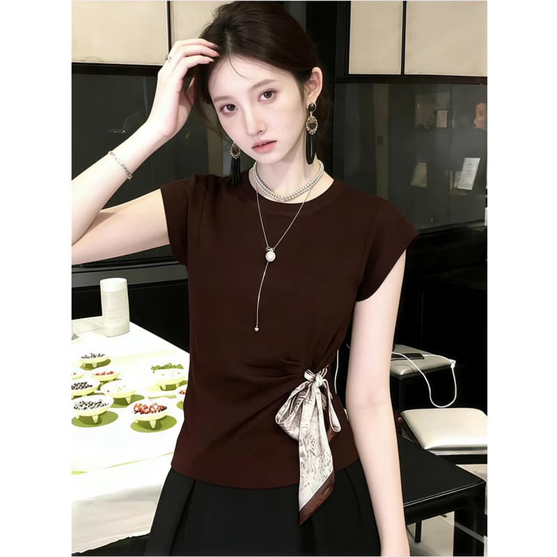 면 와 사고 방식 아메리칸 레트로 커피 색상 라운드 넥 나비 매듭 스카프 반팔 티셔츠 여성 여름 맨위