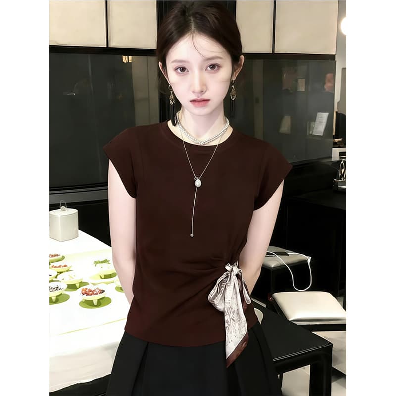 면 와 사고 방식 아메리칸 레트로 커피 색상 라운드 넥 나비 매듭 스카프 반팔 티셔츠 여성 여름 맨위 이미지 2