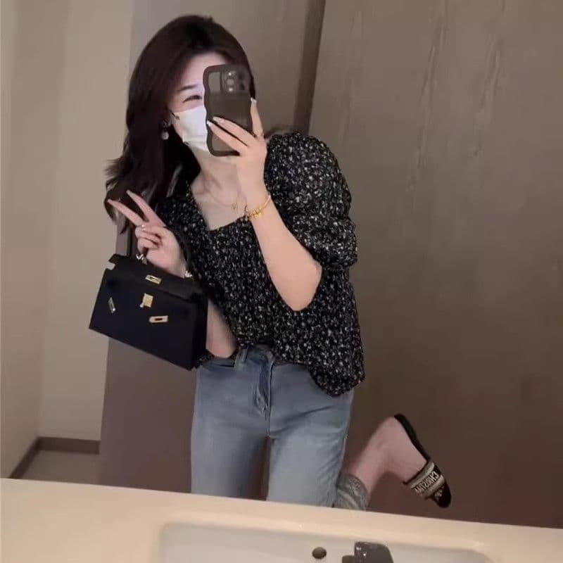 꽃무늬 루즈핏 표지 배 쉬폰 블라우스 2026 여성용 짧은 소매 외국 가스 연령 감소 프랑스식 Chic 맨위 이미지 2