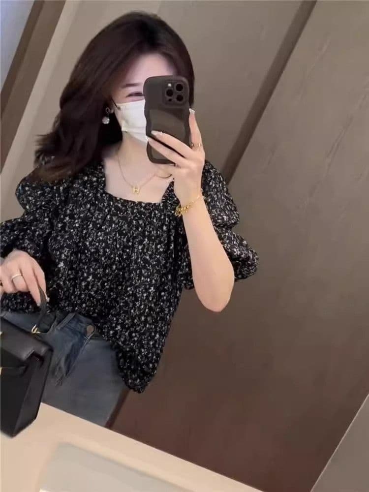 꽃무늬 루즈핏 표지 배 쉬폰 블라우스 2026 여성용 짧은 소매 외국 가스 연령 감소 프랑스식 Chic 맨위 상세 이미지 4