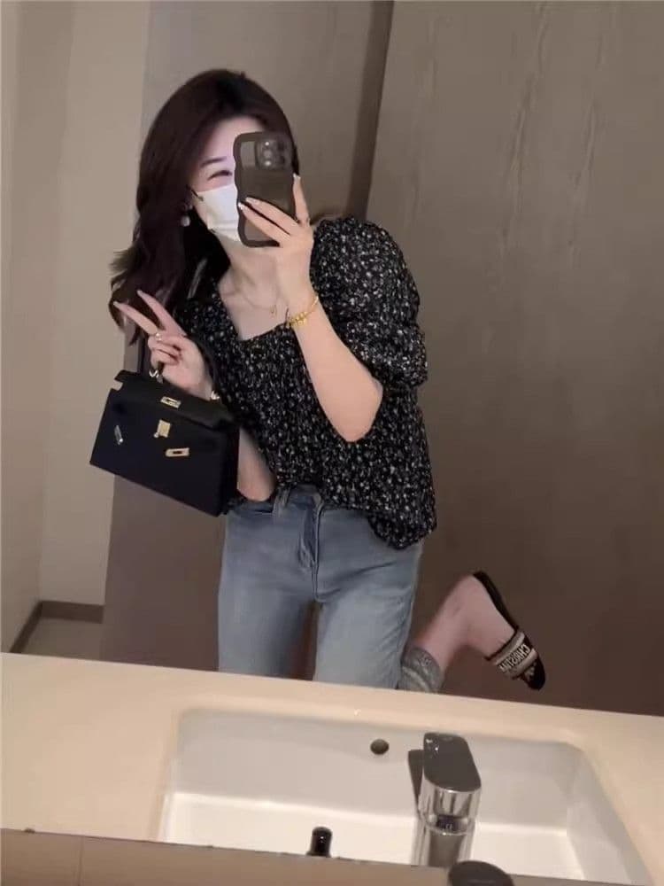 꽃무늬 루즈핏 표지 배 쉬폰 블라우스 2026 여성용 짧은 소매 외국 가스 연령 감소 프랑스식 Chic 맨위 상세 이미지 6