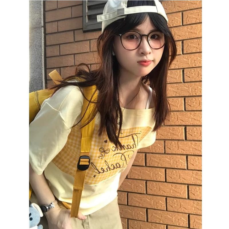 26 지점 순면 비스듬한 어깨 체크무늬 패치워크 반팔 티셔츠 여성 여름 아름다운 디자인 센스 작은 대중 도파민 맨위 이미지 5