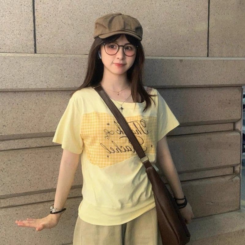 26 지점 순면 비스듬한 어깨 체크무늬 패치워크 반팔 티셔츠 여성 여름 아름다운 디자인 센스 작은 대중 도파민 맨위 상세 이미지 5