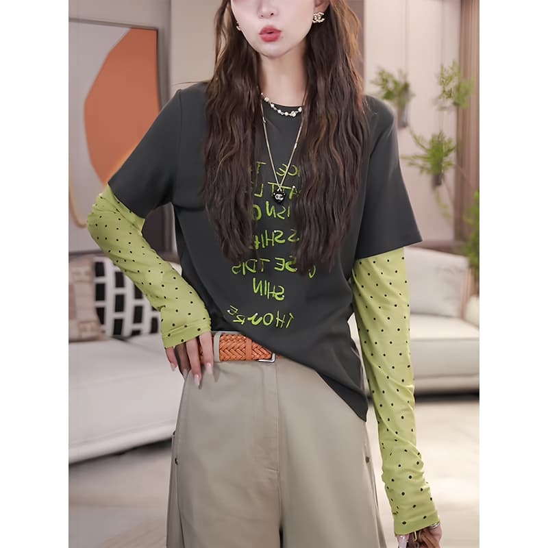 빅 사이즈 여름 새로운 도트 무늬 소매 패치워크 티셔츠 여성 레저 슬림해 보이는 맨위 상세 이미지 5