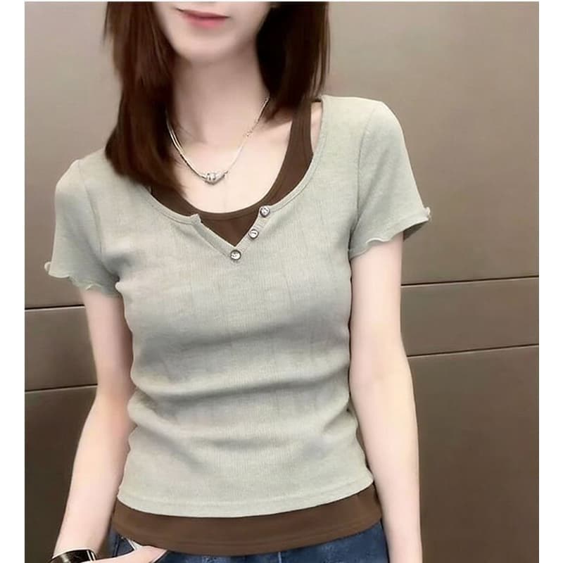 40 차가운 실크 차가운 면 1 1 리브 빅 사이즈 2026 여름 페이크 레이어드 반팔 여성 몸매 가꾸기 슬림해 보이는 맨위 상세 이미지 2