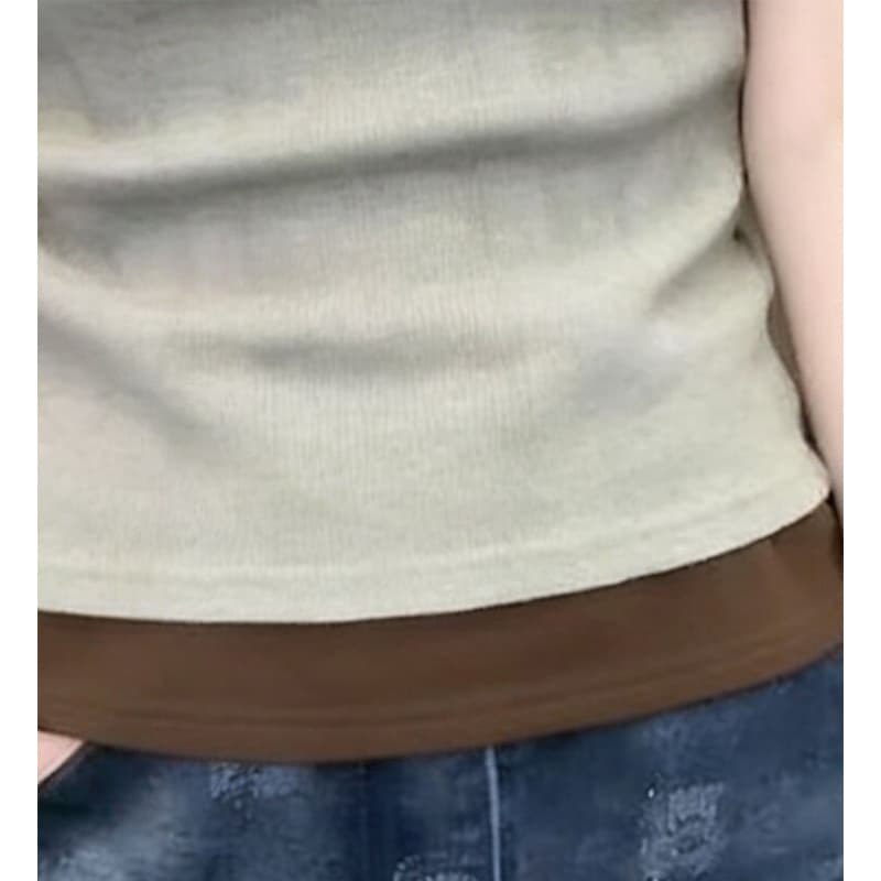 40 차가운 실크 차가운 면 1 1 리브 빅 사이즈 2026 여름 페이크 레이어드 반팔 여성 몸매 가꾸기 슬림해 보이는 맨위 상세 이미지 6