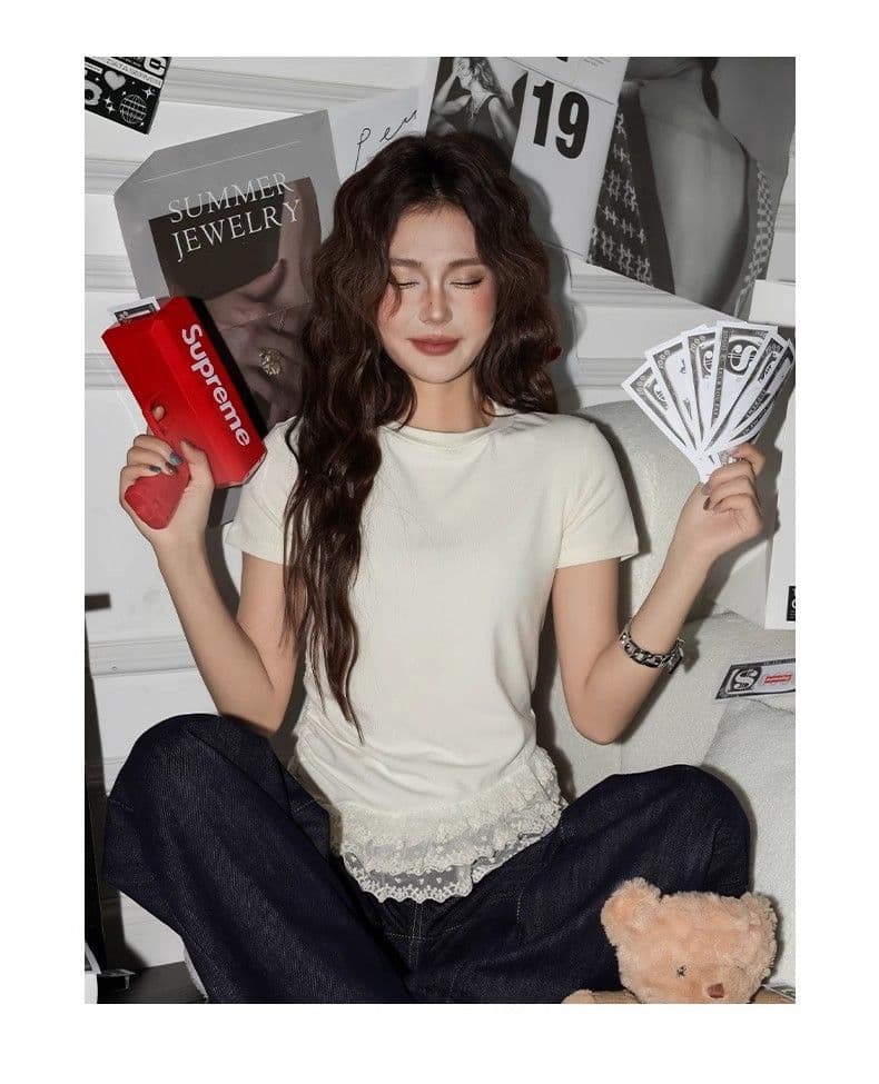 한국 스타일 봄 여름 새로운 한국 스타일 몸매 가꾸기 패치워크 레이스 연꽃 잎 레이스 연령 감소 슬림해 보이는 다용도 반팔 티셔츠 상세 이미지 6