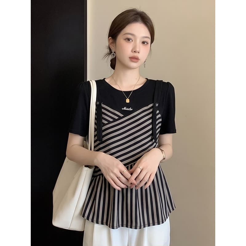 빅 사이즈 여성 의류 표지 배 페이크 레이어드 스트라이프 반팔 티셔츠 여름 지방 mm 허리 수축 표지 배 고유 한 아름다운 맨위 이미지 3