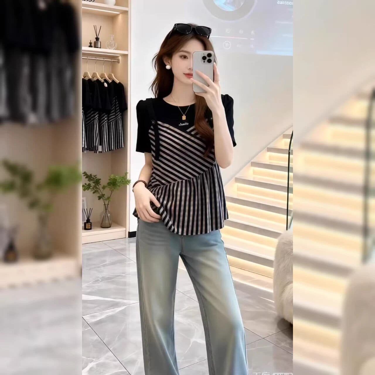 스트라이프 패치워크 페이크 레이어드 반팔 티셔츠 여성 여름 2026 새로운 빅 사이즈 지방 mm 디자인 센스 Chic 슬림해 보이는 맨위