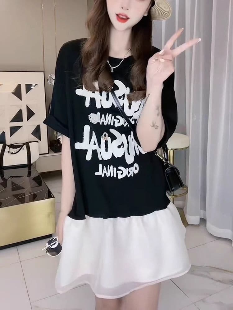 2026 여름 지방 mm 드레스 알파벳 프린트 프릴 미니 스커트 루즈핏 반팔 티셔츠 치마 상세 이미지 2