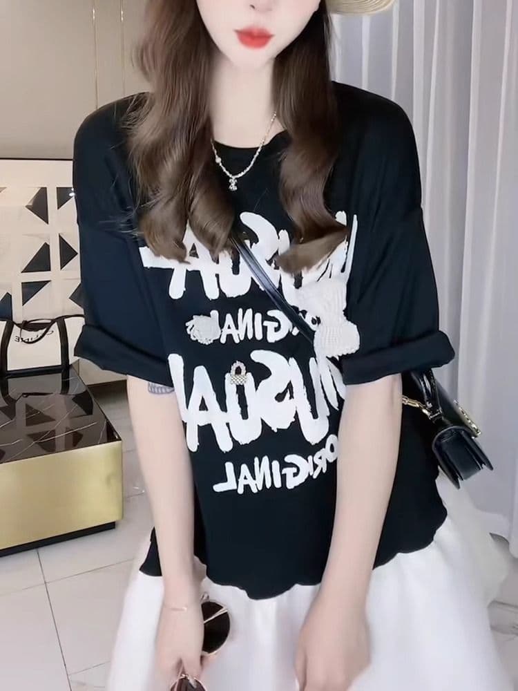 2026 여름 지방 mm 드레스 알파벳 프린트 프릴 미니 스커트 루즈핏 반팔 티셔츠 치마 상세 이미지 3