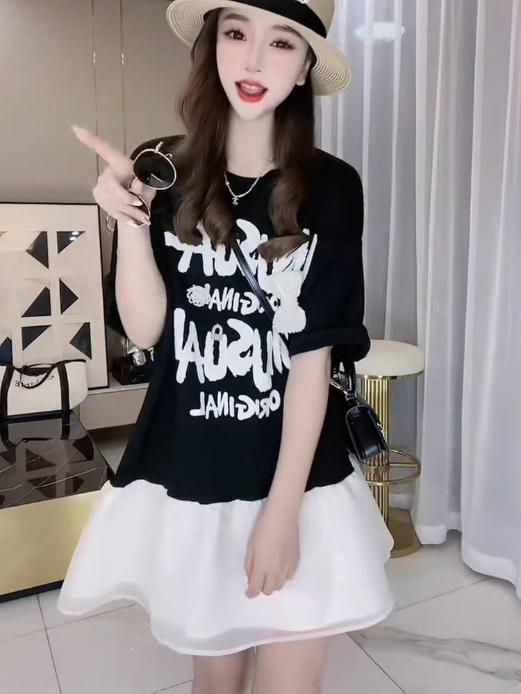 2026 여름 지방 mm 드레스 알파벳 프린트 프릴 미니 스커트 루즈핏 반팔 티셔츠 치마 상세 이미지 4