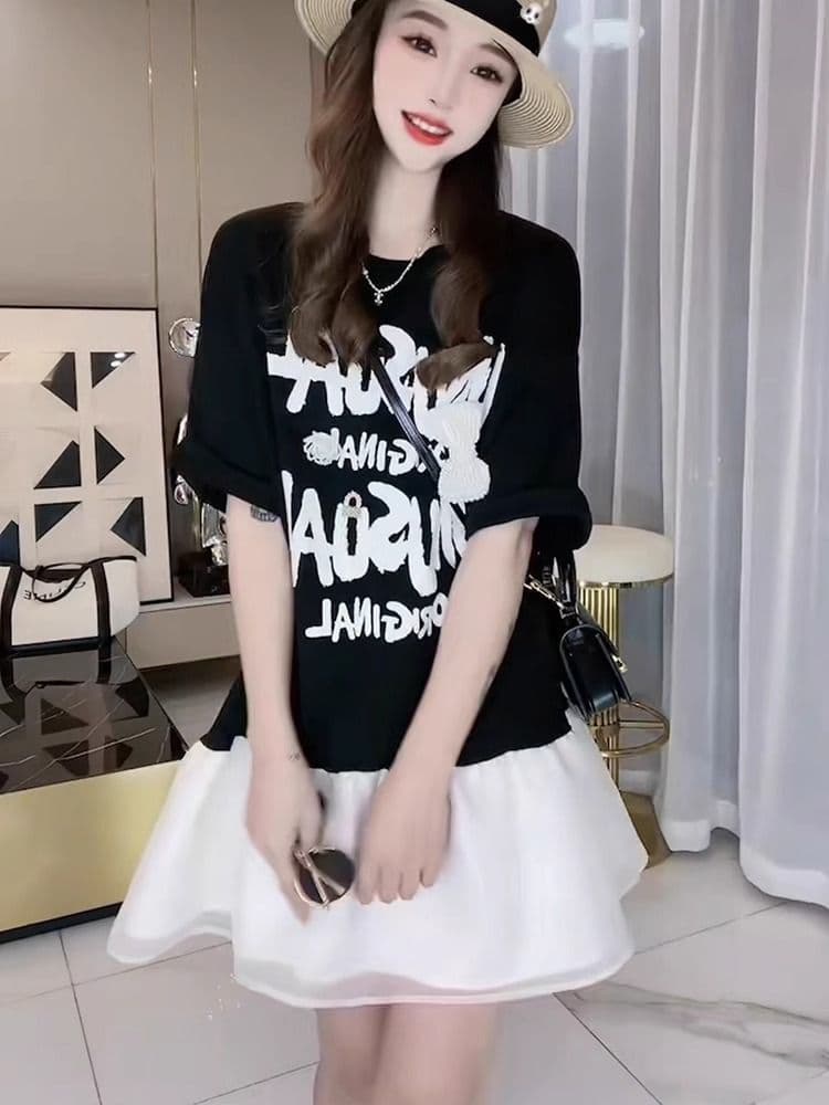 2026 여름 지방 mm 드레스 알파벳 프린트 프릴 미니 스커트 루즈핏 반팔 티셔츠 치마 상세 이미지 5