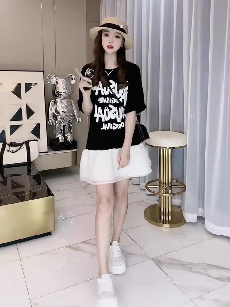 2026 여름 지방 mm 드레스 알파벳 프린트 프릴 미니 스커트 루즈핏 반팔 티셔츠 치마 상세 이미지 6