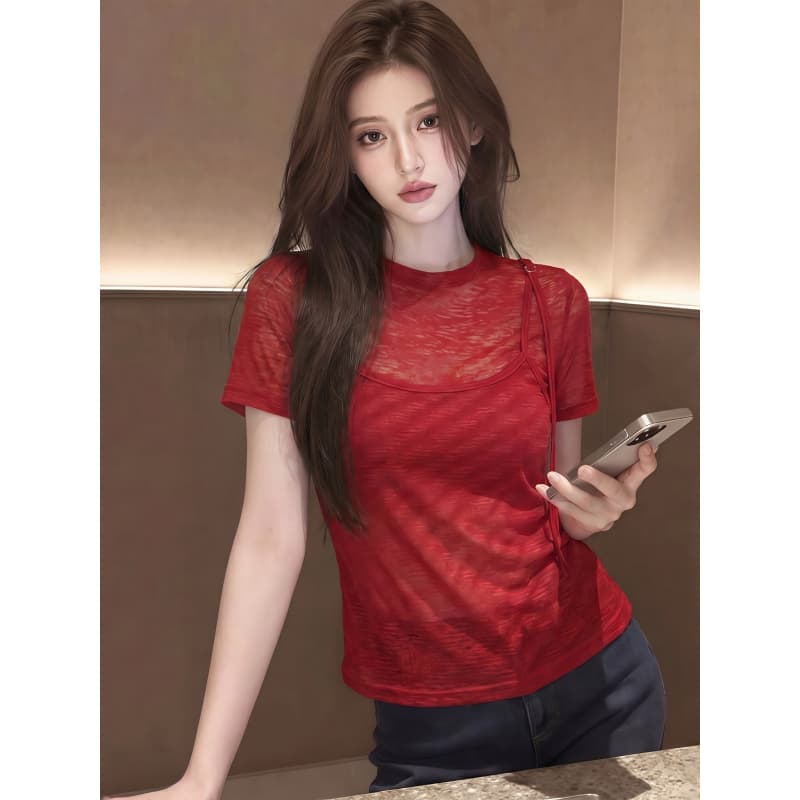 라이 우아한 와 사고 방식 빅 사이즈 페이크 레이어드 반팔 티셔츠 여성 2026 새로운 여름 슬림해 보이는 긍정적 인 어깨 몸매 가꾸기 맨위 상세 이미지 4
