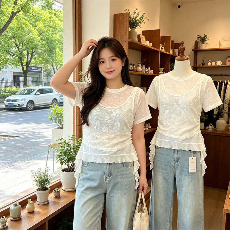 주간 실크 리브 빅 사이즈 프랑스식 불규칙 패치워크 페이크 레이어드 반팔 티셔츠 여성 여름 슬림해 보이는 연령 감소 맨위 이미지 4