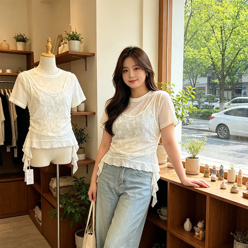 주간 실크 리브 빅 사이즈 프랑스식 불규칙 패치워크 페이크 레이어드 반팔 티셔츠 여성 여름 슬림해 보이는 연령 감소 맨위 이미지 5