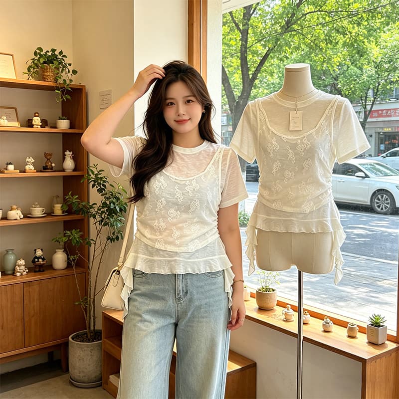 주간 실크 리브 빅 사이즈 프랑스식 불규칙 패치워크 페이크 레이어드 반팔 티셔츠 여성 여름 슬림해 보이는 연령 감소 맨위 상세 이미지 2