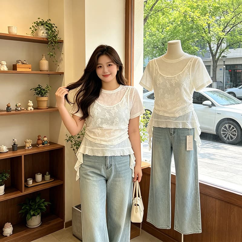 주간 실크 리브 빅 사이즈 프랑스식 불규칙 패치워크 페이크 레이어드 반팔 티셔츠 여성 여름 슬림해 보이는 연령 감소 맨위 상세 이미지 3