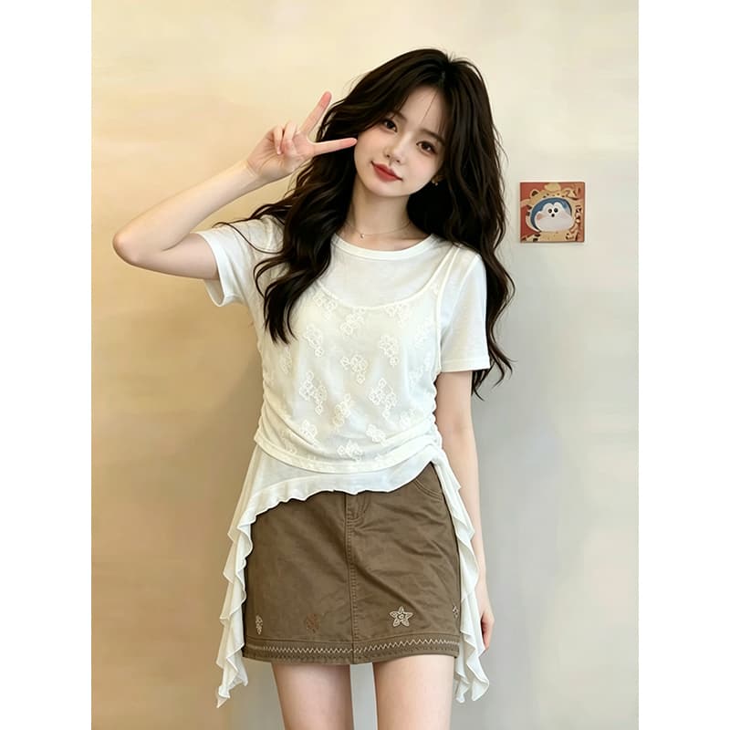 주간 실크 리브 빅 사이즈 캐주얼 페이크 레이어드 레이스 조각 반팔 티셔츠 여성 여름 새로운 디자인 센스 맨위 이미지 3