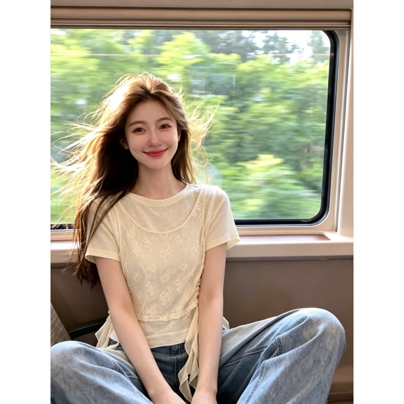 주간 실크 리브 빅 사이즈 페이크 레이어드 자카드 리본 반팔 티셔츠 여성 여름 새로운 디자인 센스 외국 가스 맨위 상세 이미지 4