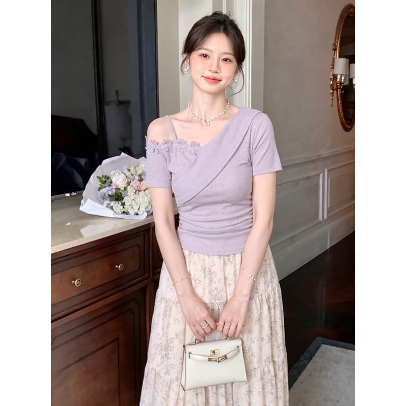 모방 면 리브 빅 사이즈 프랑스식 불규칙 3 차원 비스듬한 어깨 여성 여름 새로운 반팔 티셔츠 작은 대중 맨위 이미지 3