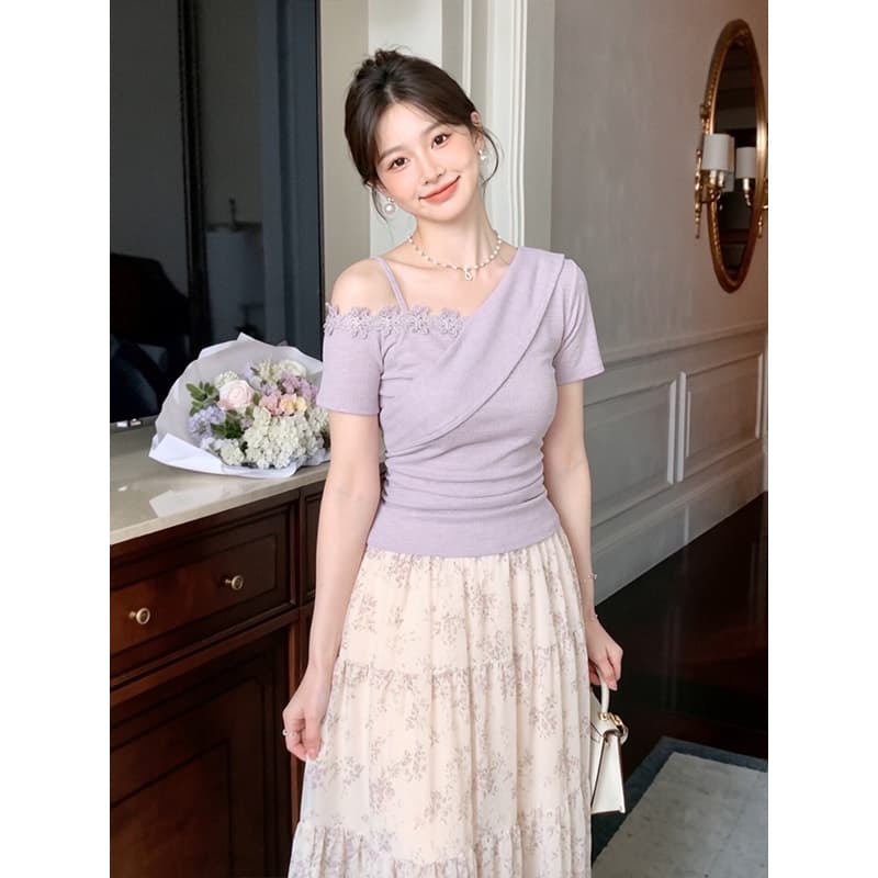 모방 면 리브 빅 사이즈 프랑스식 불규칙 3 차원 비스듬한 어깨 여성 여름 새로운 반팔 티셔츠 작은 대중 맨위 이미지 4