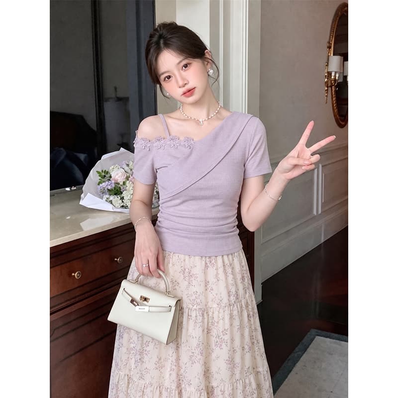 모방 면 리브 빅 사이즈 프랑스식 불규칙 3 차원 비스듬한 어깨 여성 여름 새로운 반팔 티셔츠 작은 대중 맨위 상세 이미지 2
