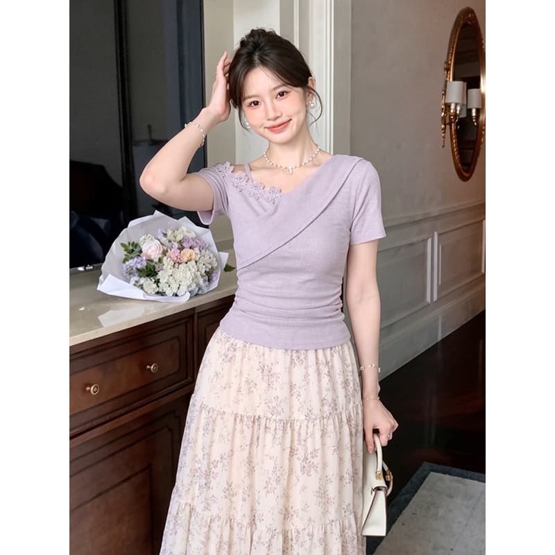 모방 면 리브 빅 사이즈 프랑스식 불규칙 3 차원 비스듬한 어깨 여성 여름 새로운 반팔 티셔츠 작은 대중 맨위 상세 이미지 5