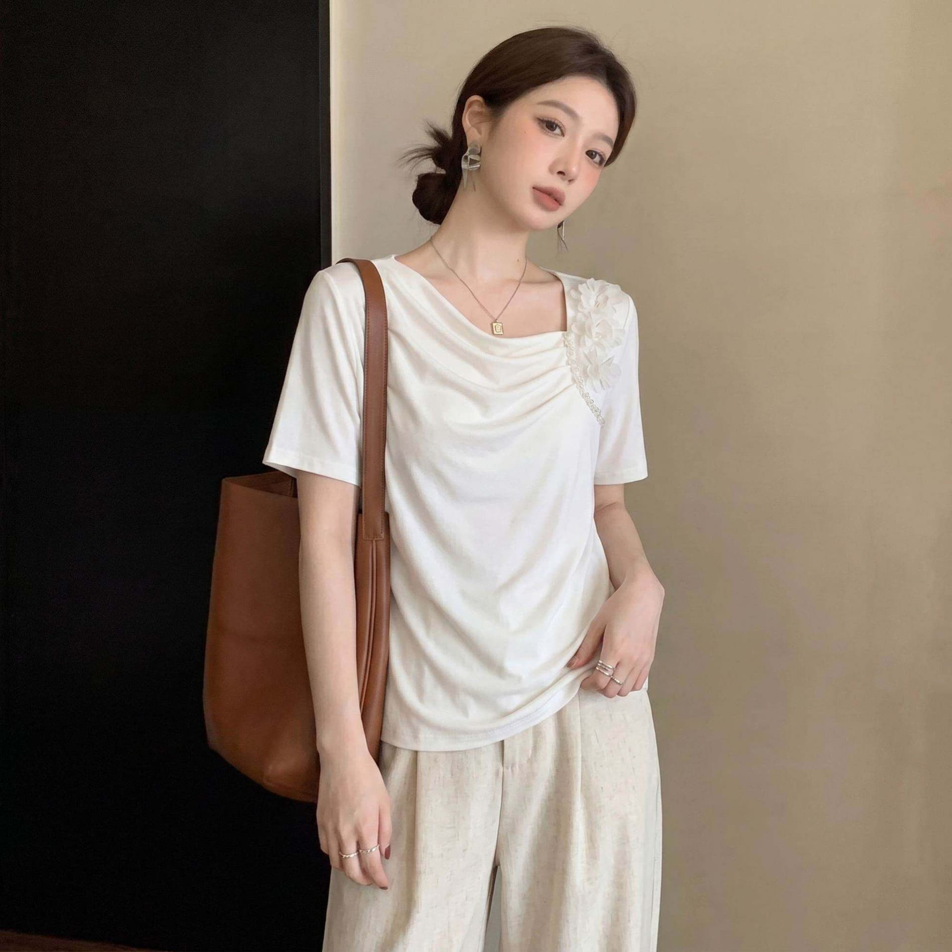 40s 모방 면 리브 빅 사이즈 비스듬한 칼라 반팔 불규칙 여름 새로운 슬림해 보이는 표지 배 꽃 고급 맨위 이미지 5