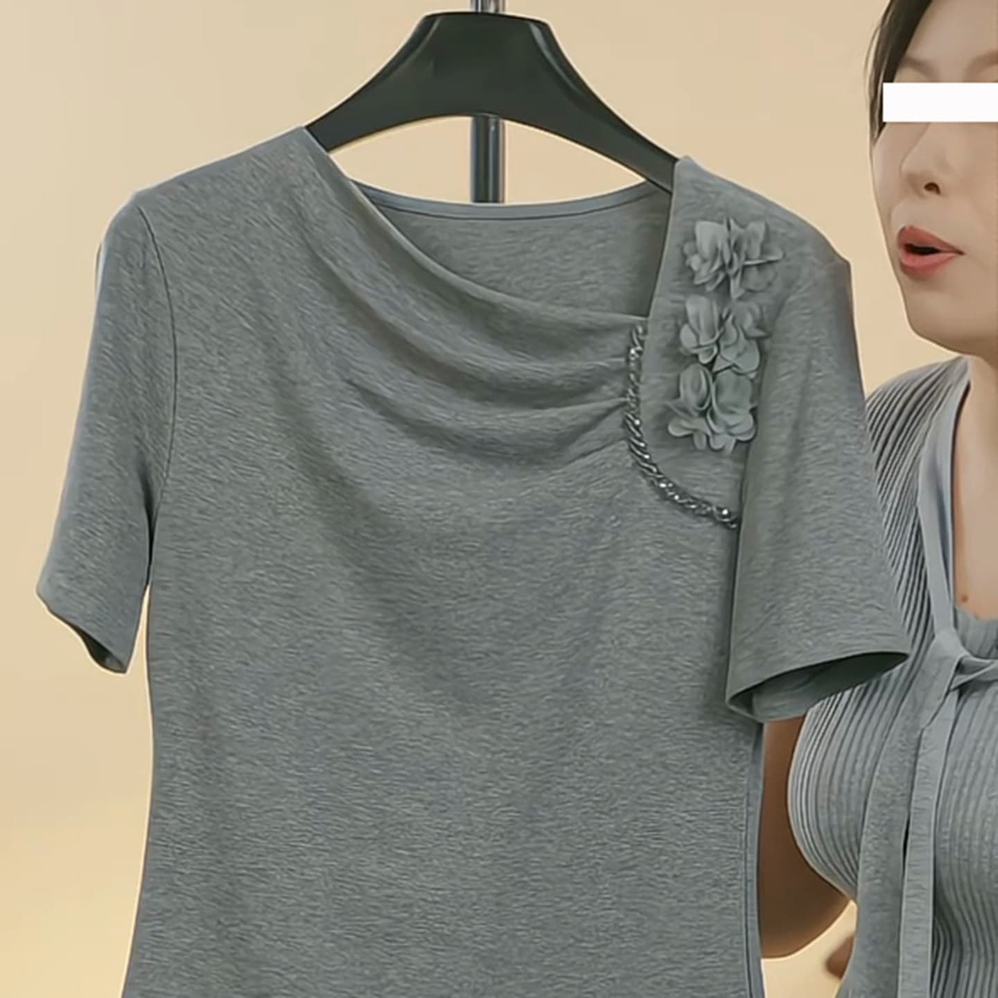 40s 모방 면 리브 빅 사이즈 비스듬한 칼라 반팔 불규칙 여름 새로운 슬림해 보이는 표지 배 꽃 고급 맨위 상세 이미지 6