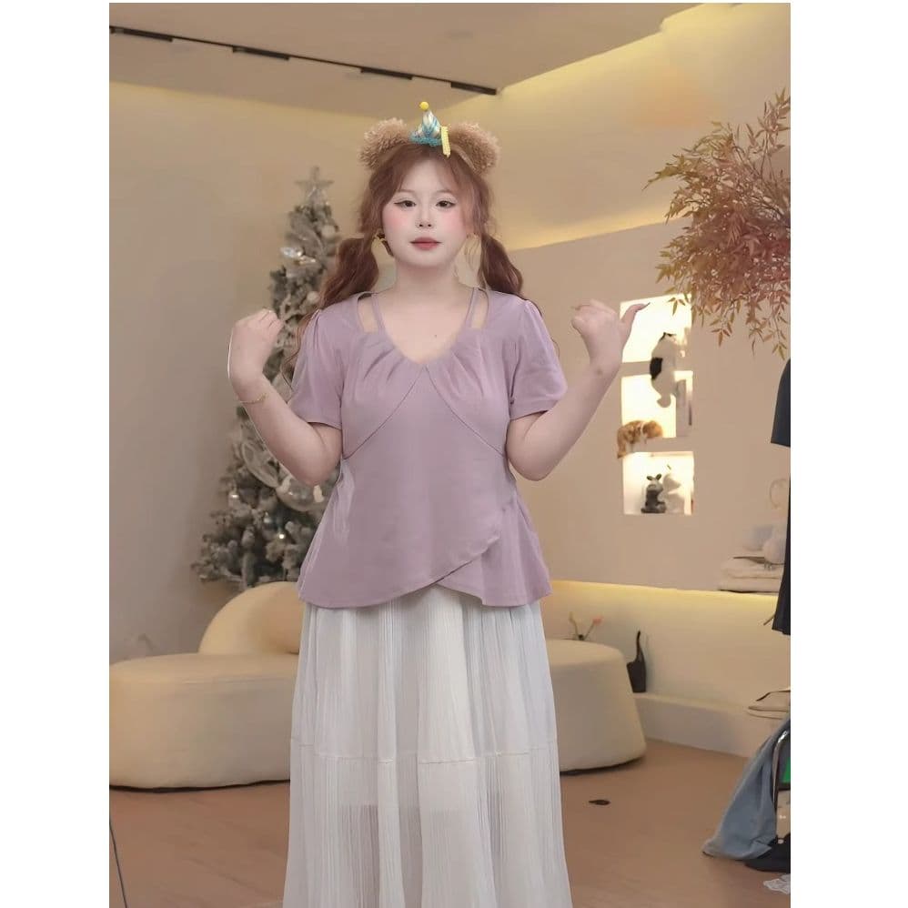 40 모방 면 리브 2026 여름 디자인 홀로우 아웃 불규칙 반팔 티셔츠 표지 고기 슬림해 보이는 맨위 여성 이미지 3