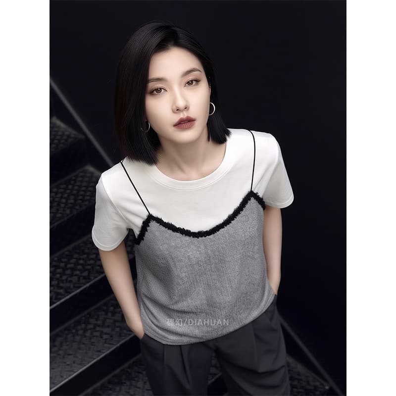 2026 년 여름 새로운 페이크 레이어드 티셔츠 루즈핏 표지 배색 거친 가장자리 슬립 디자인 센스 작은 대중 반팔 맨위 이미지 2