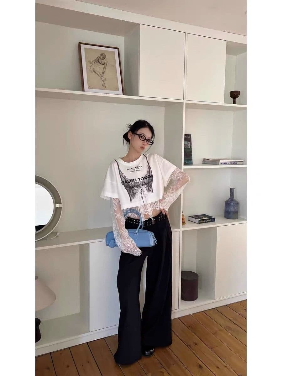 40 차가운 실크 차가운 면 리브 1 1 여름 새로운 디자인 센스 핫걸 레이스 인사이드 가져 가라. 페이크 레이어드 티셔츠 여성 상세 이미지 3
