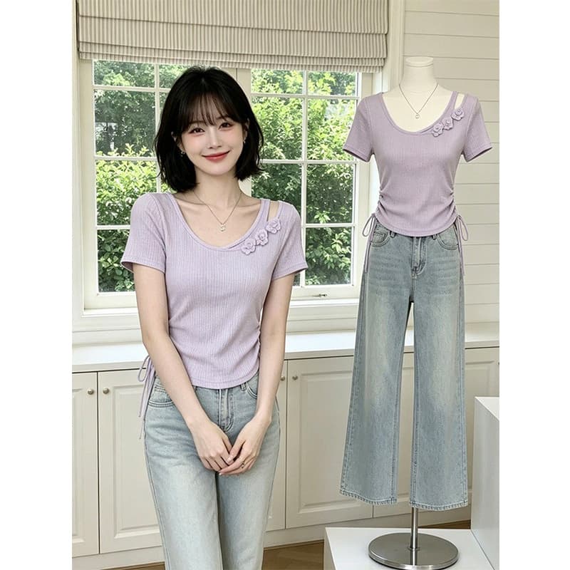 얼음 실크 리브 빅 사이즈 프랑스식 Chic 반팔 티셔츠 여성 여름 새로운 펌프 로프 허리 수축 슬림해 보이는 꽃 맨위 이미지 4