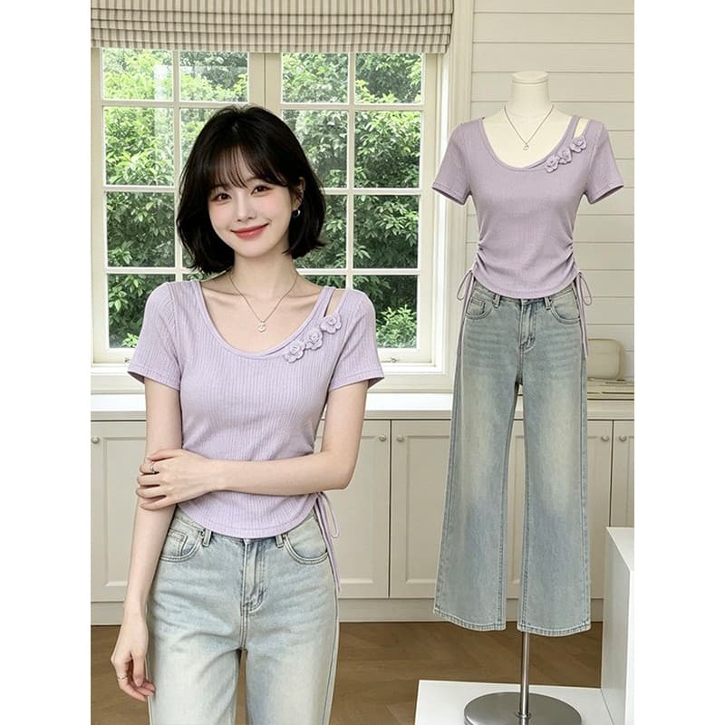 얼음 실크 리브 빅 사이즈 프랑스식 Chic 반팔 티셔츠 여성 여름 새로운 펌프 로프 허리 수축 슬림해 보이는 꽃 맨위 이미지 5