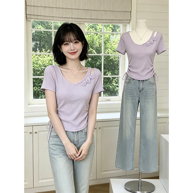 얼음 실크 리브 빅 사이즈 프랑스식 Chic 반팔 티셔츠 여성 여름 새로운 펌프 로프 허리 수축 슬림해 보이는 꽃 맨위 상세 이미지 3