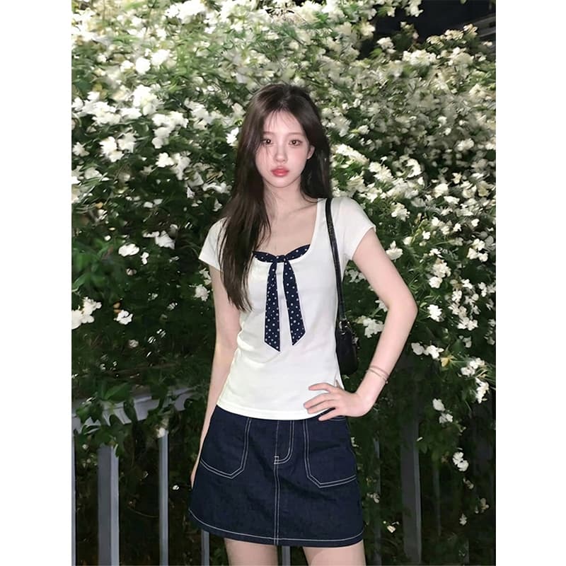 차가운 실크 차가운 면 리브 빅 사이즈 도트 무늬 페이크 레이어드 반팔 티셔츠 여성 여름 새로운 슬림해 보이는 슈퍼 잘 생긴 맨위 상세 이미지 4