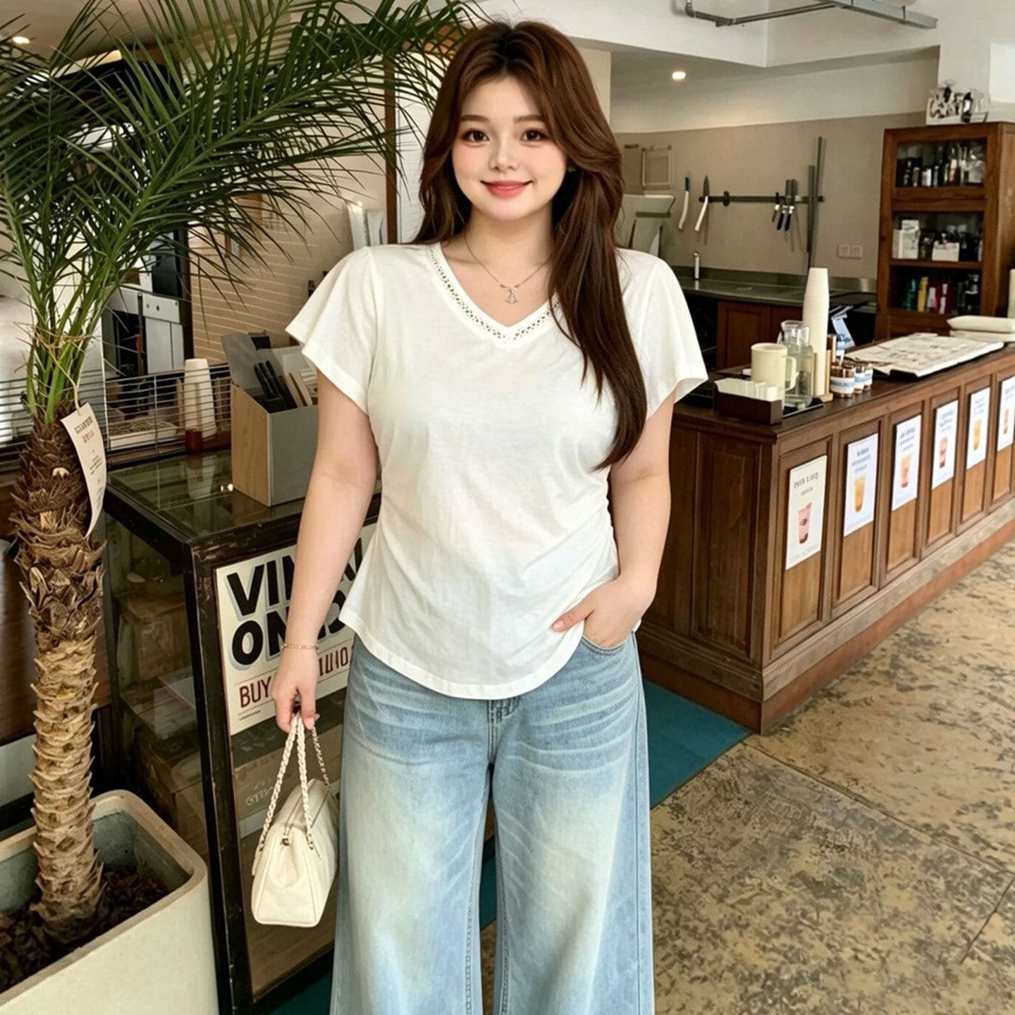 눈꽃 면 빅 사이즈 한 부서 V넥 반팔 티셔츠 여성 2026 여름 새로운 지방 mm 슬림해 보이는 다용도 패션 맨위 이미지 5