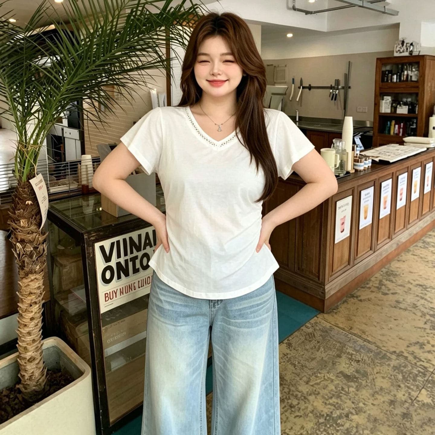 눈꽃 면 빅 사이즈 한 부서 V넥 반팔 티셔츠 여성 2026 여름 새로운 지방 mm 슬림해 보이는 다용도 패션 맨위 상세 이미지 3