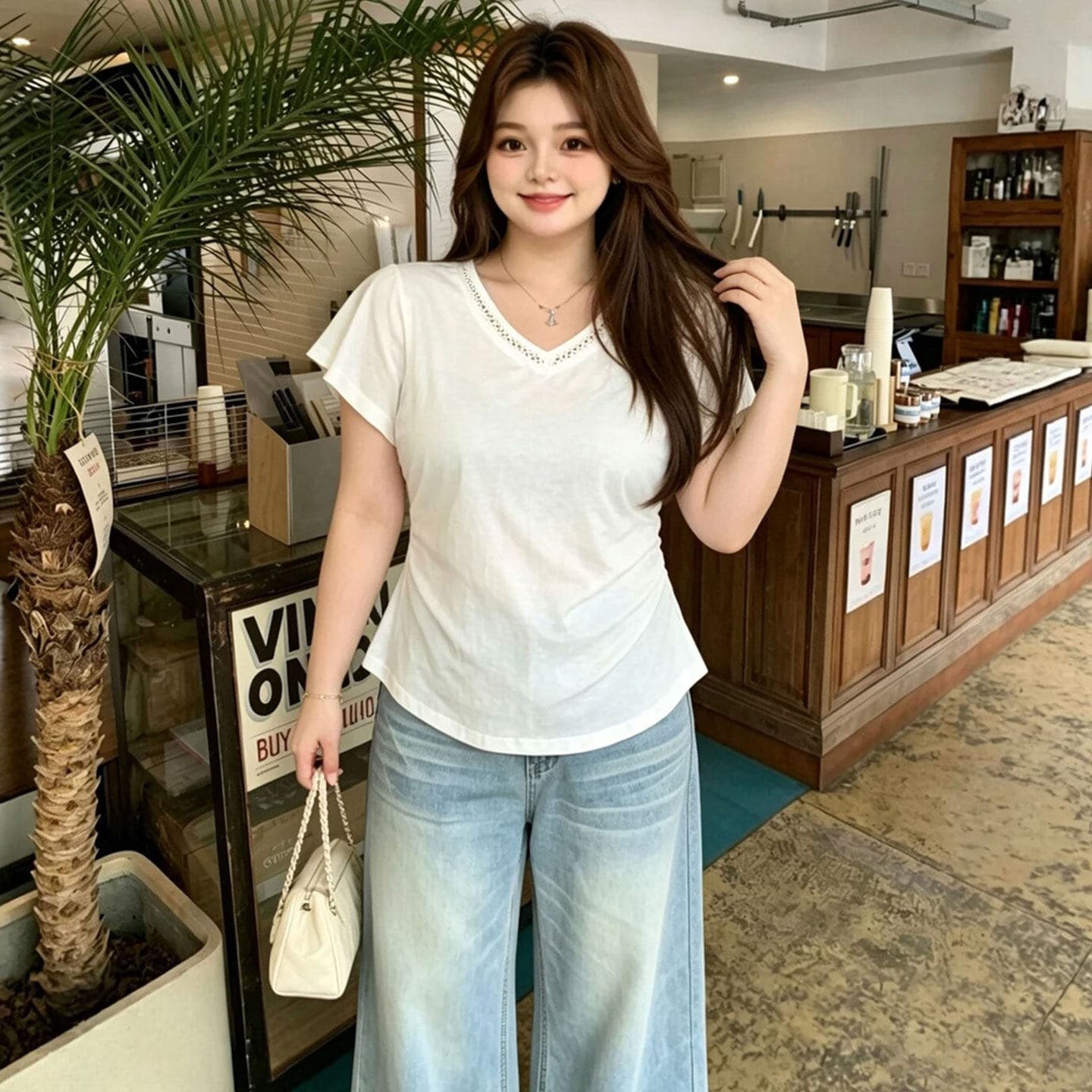 눈꽃 면 빅 사이즈 한 부서 V넥 반팔 티셔츠 여성 2026 여름 새로운 지방 mm 슬림해 보이는 다용도 패션 맨위 상세 이미지 5