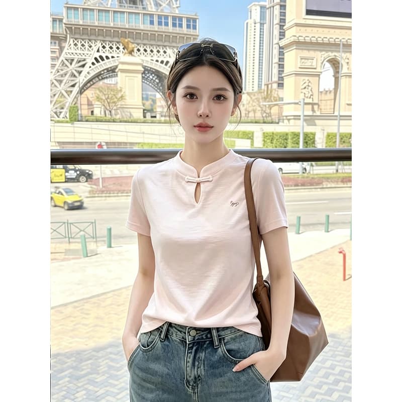 눈꽃 면 빅 사이즈 중식 바람 단추 반팔 티셔츠 여성 여름 새로운 슬림해 보이는 패션 다용도 캐주얼 맨위 이미지 3