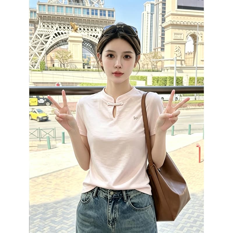 눈꽃 면 빅 사이즈 중식 바람 단추 반팔 티셔츠 여성 여름 새로운 슬림해 보이는 패션 다용도 캐주얼 맨위 상세 이미지 4