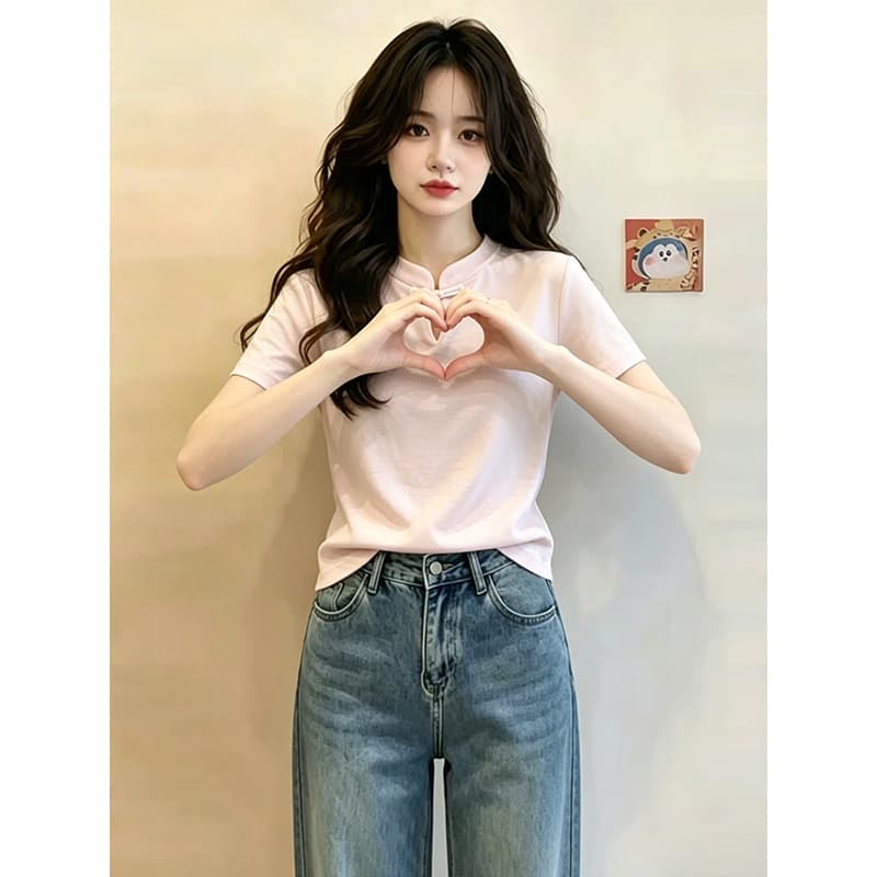 눈꽃 면 빅 사이즈 중식 디자인 센스 단추 반팔 티셔츠 여성 여름 새로운 고급 센스 슬림해 보이는 맨위 이미지 4