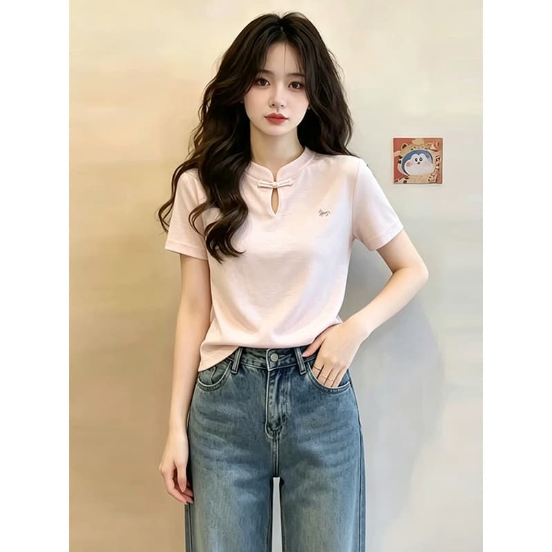 눈꽃 면 빅 사이즈 중식 디자인 센스 단추 반팔 티셔츠 여성 여름 새로운 고급 센스 슬림해 보이는 맨위 상세 이미지 2