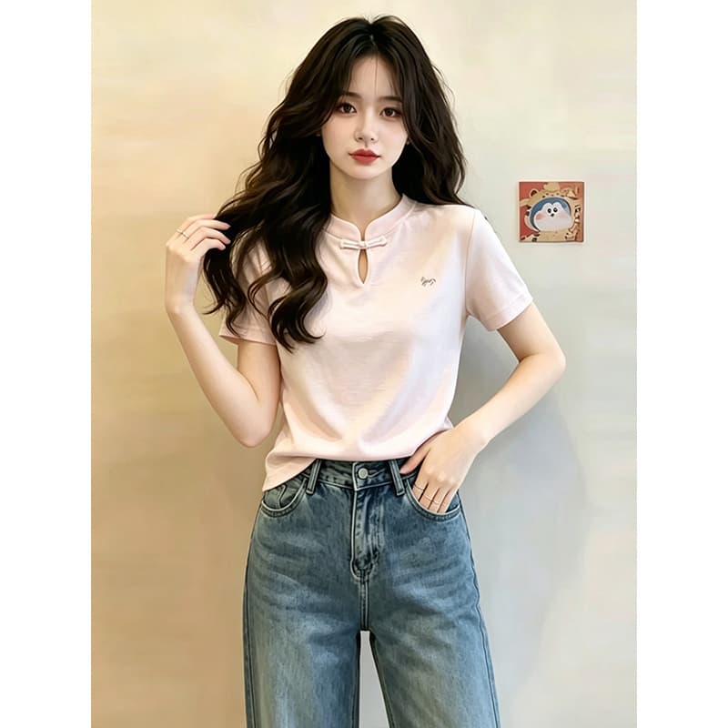 눈꽃 면 빅 사이즈 중식 디자인 센스 단추 반팔 티셔츠 여성 여름 새로운 고급 센스 슬림해 보이는 맨위 상세 이미지 3