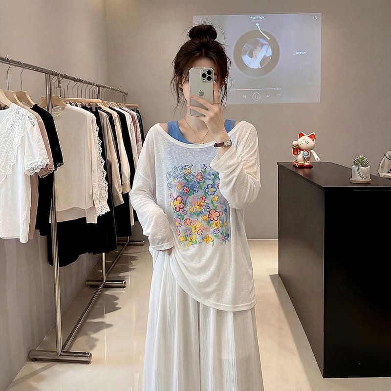 주간 실크 리브 사람들 면 빅 사이즈 자외선 차단 긴팔 티셔츠 2026 여름 루즈핏 블라우스 코디 투피스 조끼 이미지 4